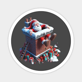 Santa Claus stuck in a chimney, with his feet dangling out and presents scattered around Magnet